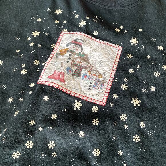 Vintage 90's Grandmacore Women's Black Snowman Winter Patchwork Sweatshirt XL - Picture 5 of 10